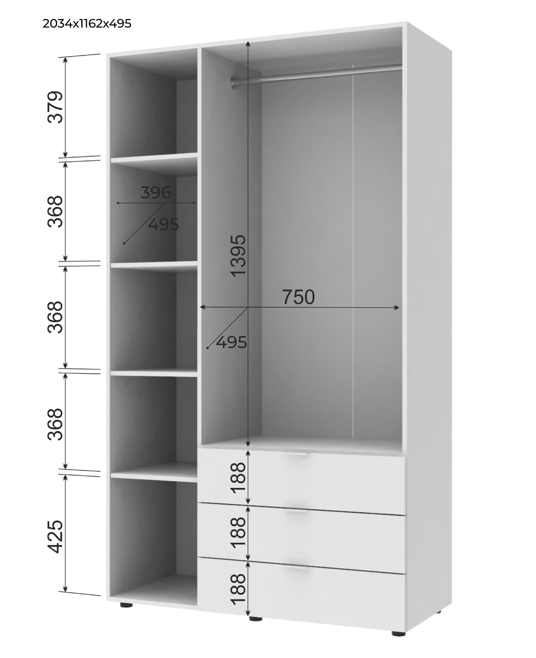 Розпашна Шафа для одягу Doros Гелар Білий 3 ДСП 116,2х49,5х203,4 (42001021)