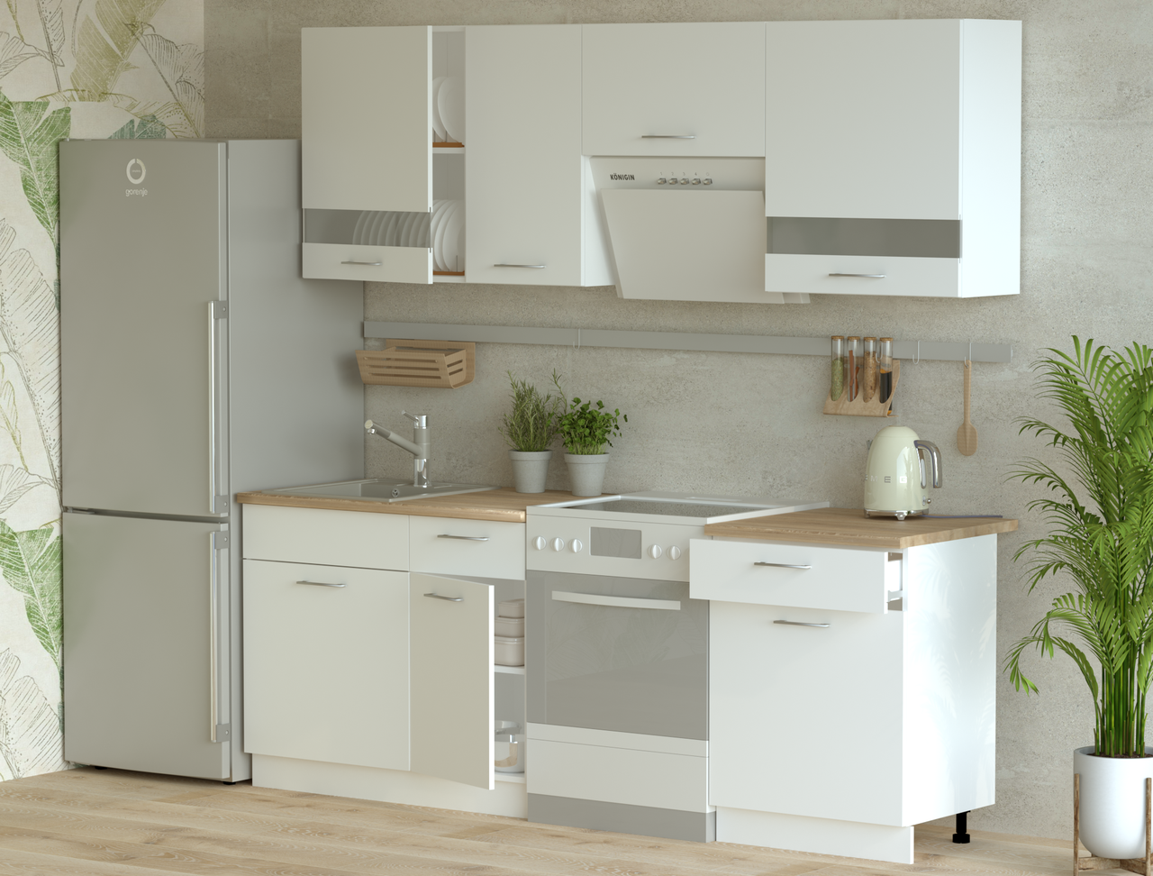 Кухня Doros Лея Білий гладкий / Cонома ДСП / вставки скло 220х60х250 (80359337)