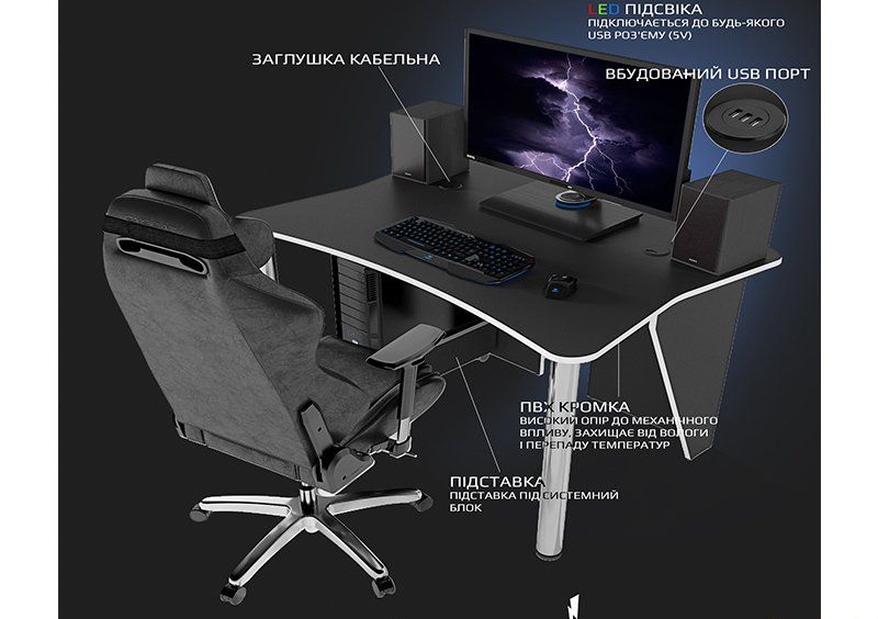 Стол геймерский игровой ZET-3, черно-белый
