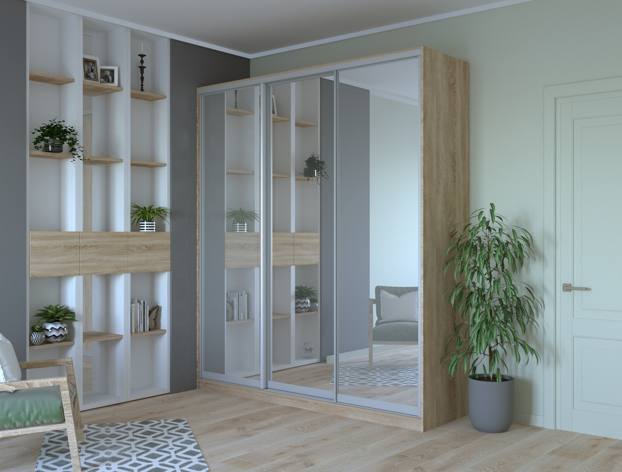 Шафа купе Doros Сіті 24 Дуб Cонома 3 Дзеркала 208х60х240 (42002077)