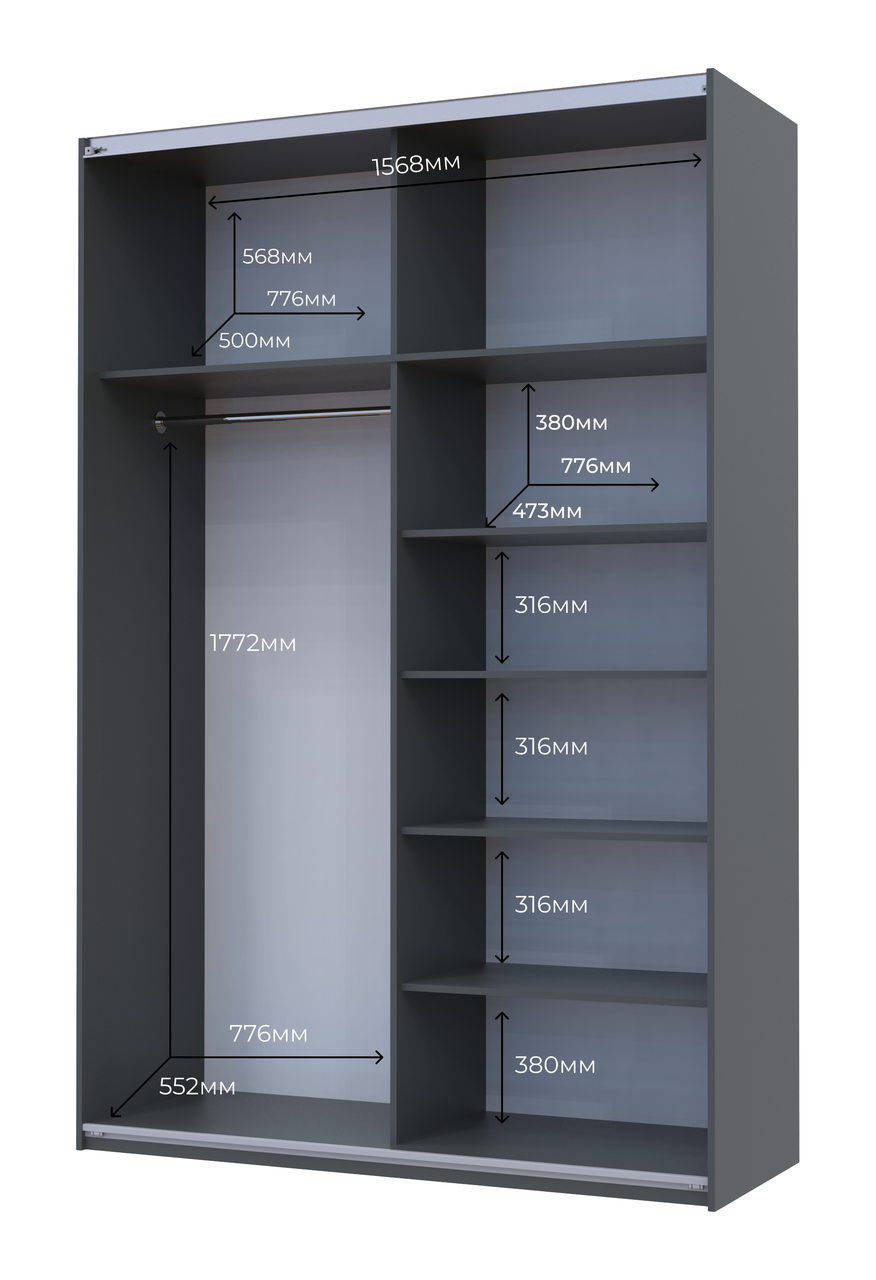 Шафа купе Doros G-Caiser Графіт 2 Дзеркала / 3 частини 160х60х240 (42005021)Шафа купе Doros G-Caiser Графіт / Дуб Крафт Сірий 2 ДСП / 3 частини 160х60х240 (42005022)