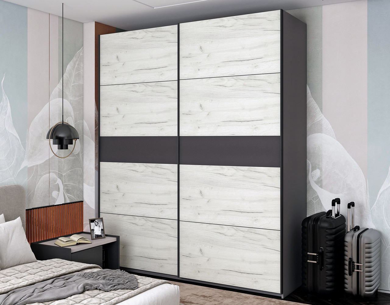Шафа купе Doros G-Caiser Графіт Дуб Крафт Білий/Вставка Графіт 2 ДСП / 4 частини 200х60х240 (42005067)