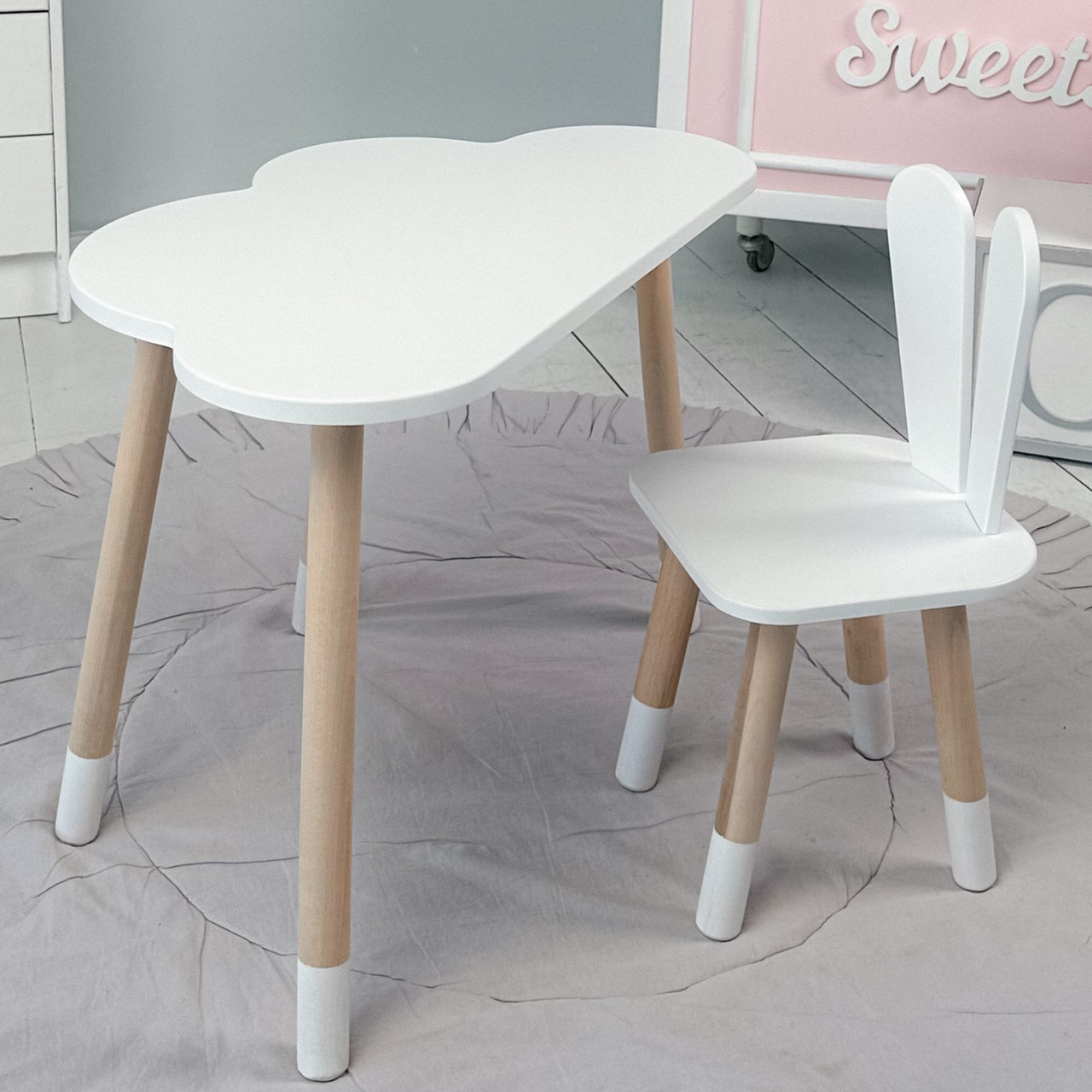 Детский стол тучка и стул белый зайка. Для игры, рисования, учебы!